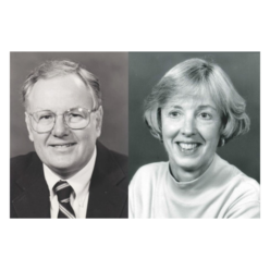two black and white photos combined. A man on the left sits smiling at the camera and a woman on the right is also posing for the camera
