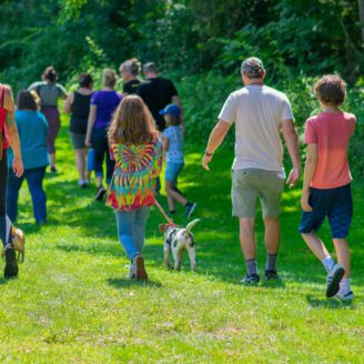 Families outdoor walking in grass