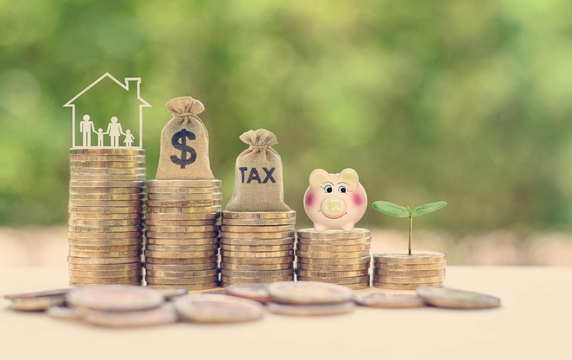 Five stacks of coins with different figures sitting atop including a family, money, taxes, a piggy bank and a plant.