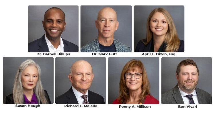 Collage showing the new trustees for The Community Foundation of Frederick County. The row shows Dr. Darnell Billups, Dr. Mark Butt, April L. Dixon, Esq. The second row shows Susan Hough, Richard F. Maiello, Penny A. Millison, and Ben Vivari