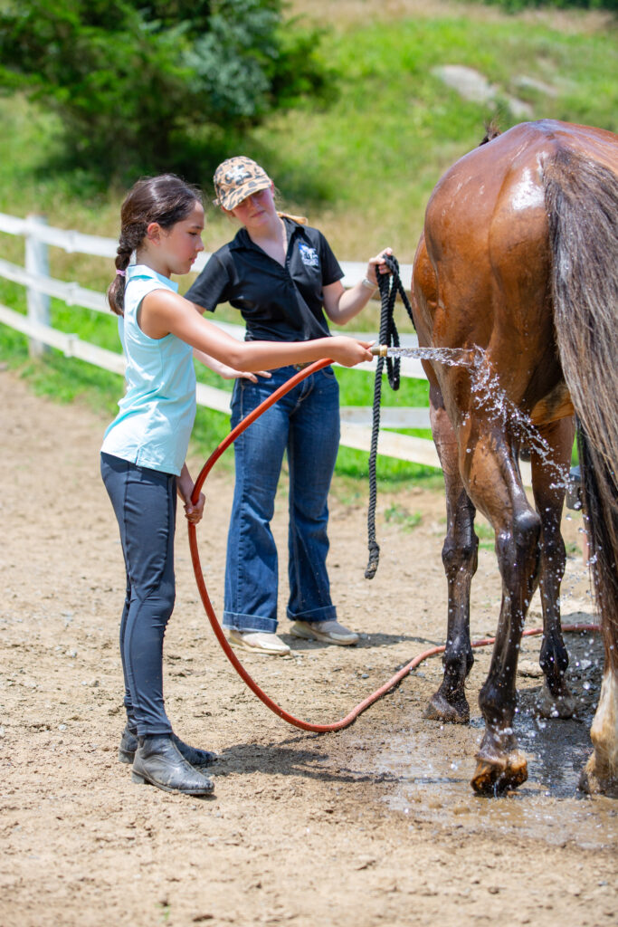 Angelina hoses off a horse with Addy looks on