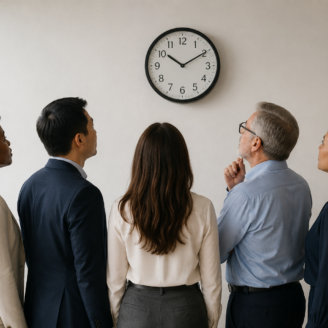 People looking at a clock.