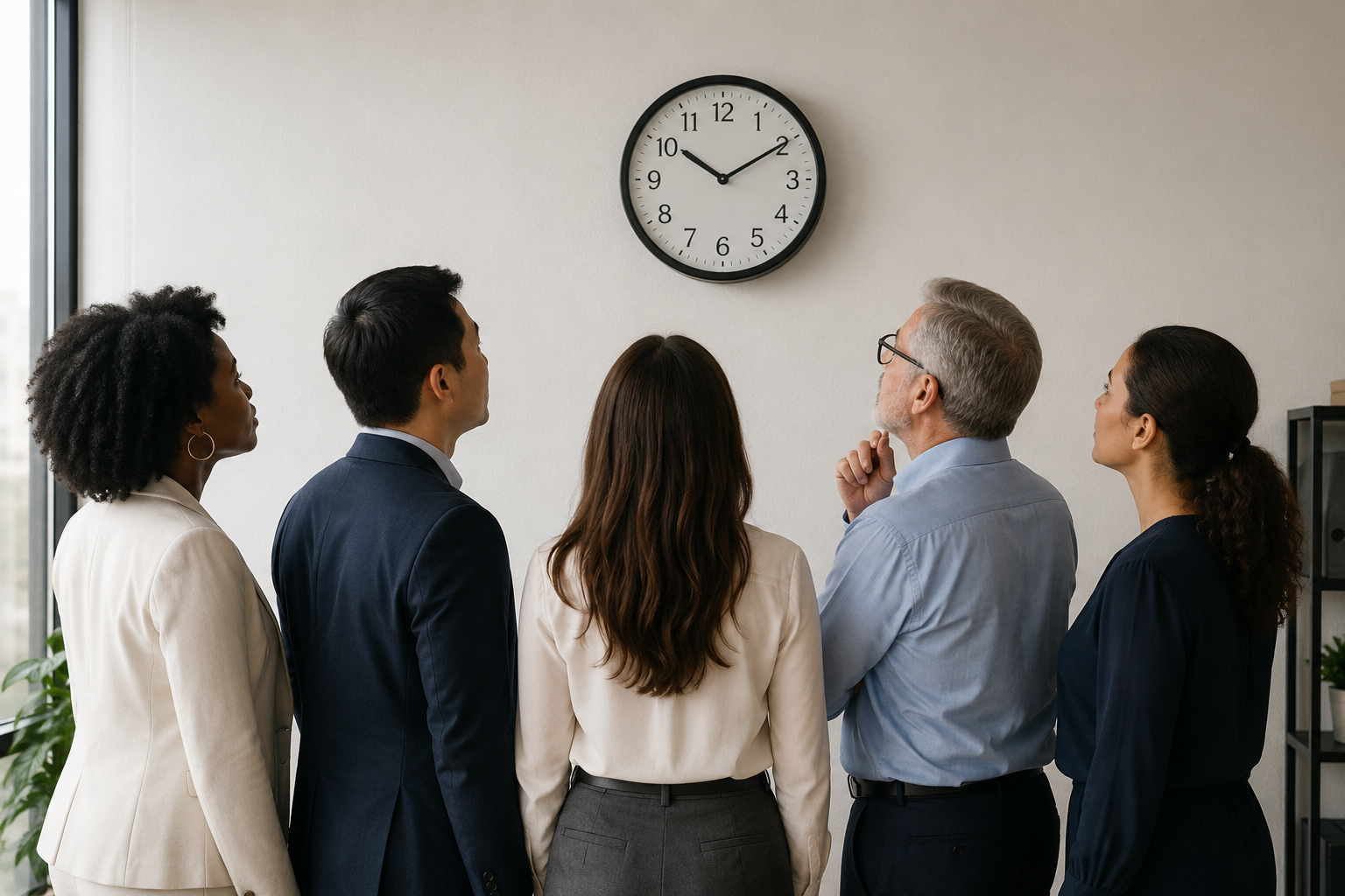 People looking at a clock.